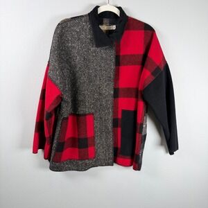 Cameleon 100% Wool Patchwork Jacket Womens XS Red Black Plaid Herringbone Coat